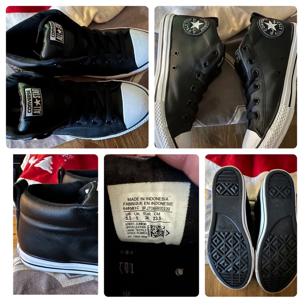 Leather mid top converse. Like new. Worn only once for a couple of hours.